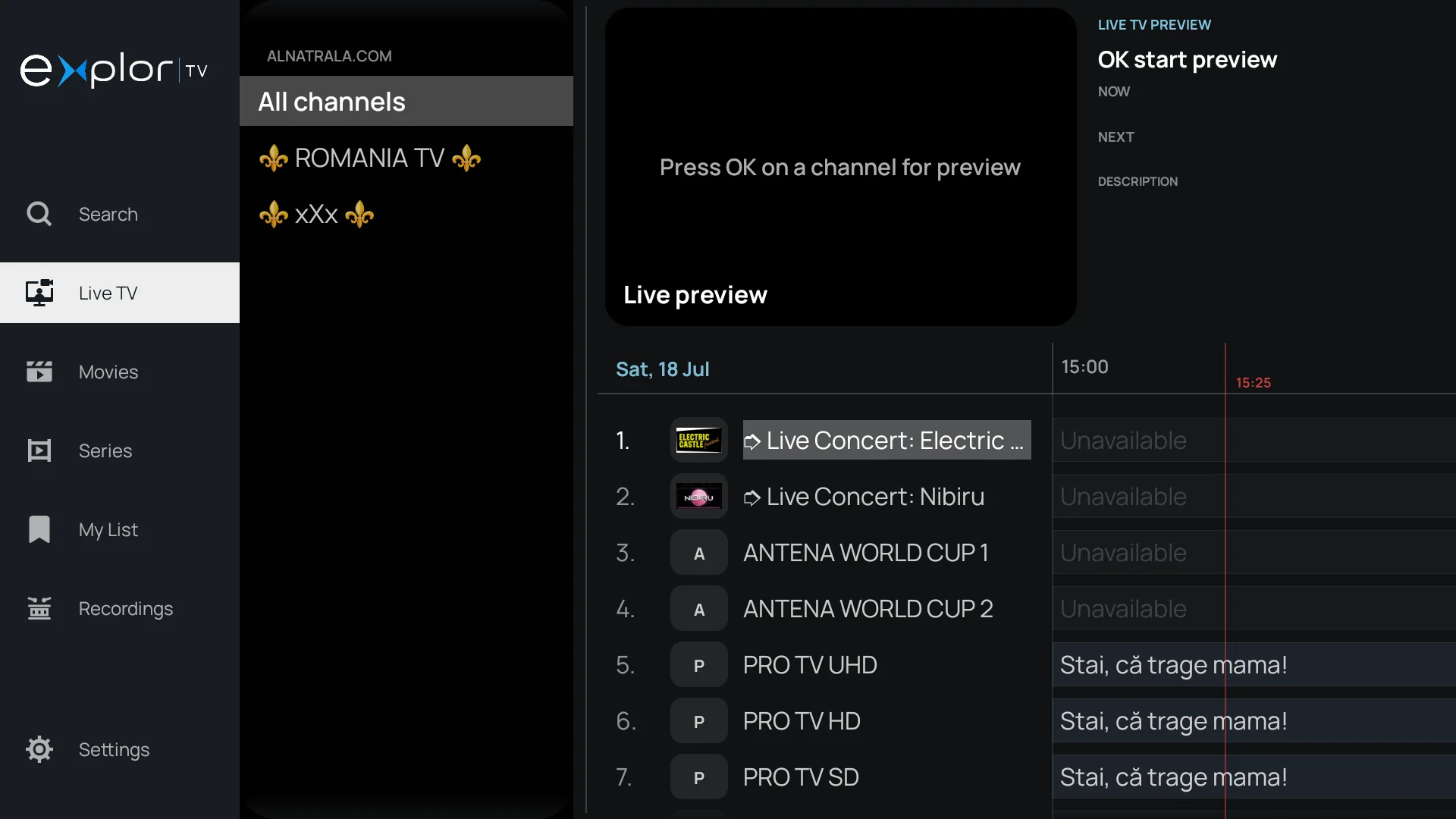 Live TV interface